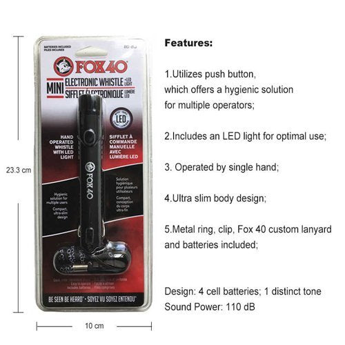 Fox 40 Mini Electronic Whistle in black with packaging and features of whistle