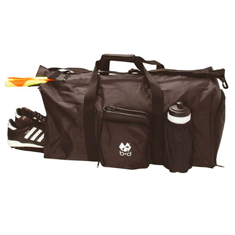 b+d black soccer referee bag with accessories pocket, water bottle holder, shoe compartment, and assistant referee flag compartment.